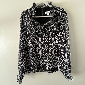 Sterling Pamella Roland Women's Black‎ White Abstract Floral Ruffled blouse L